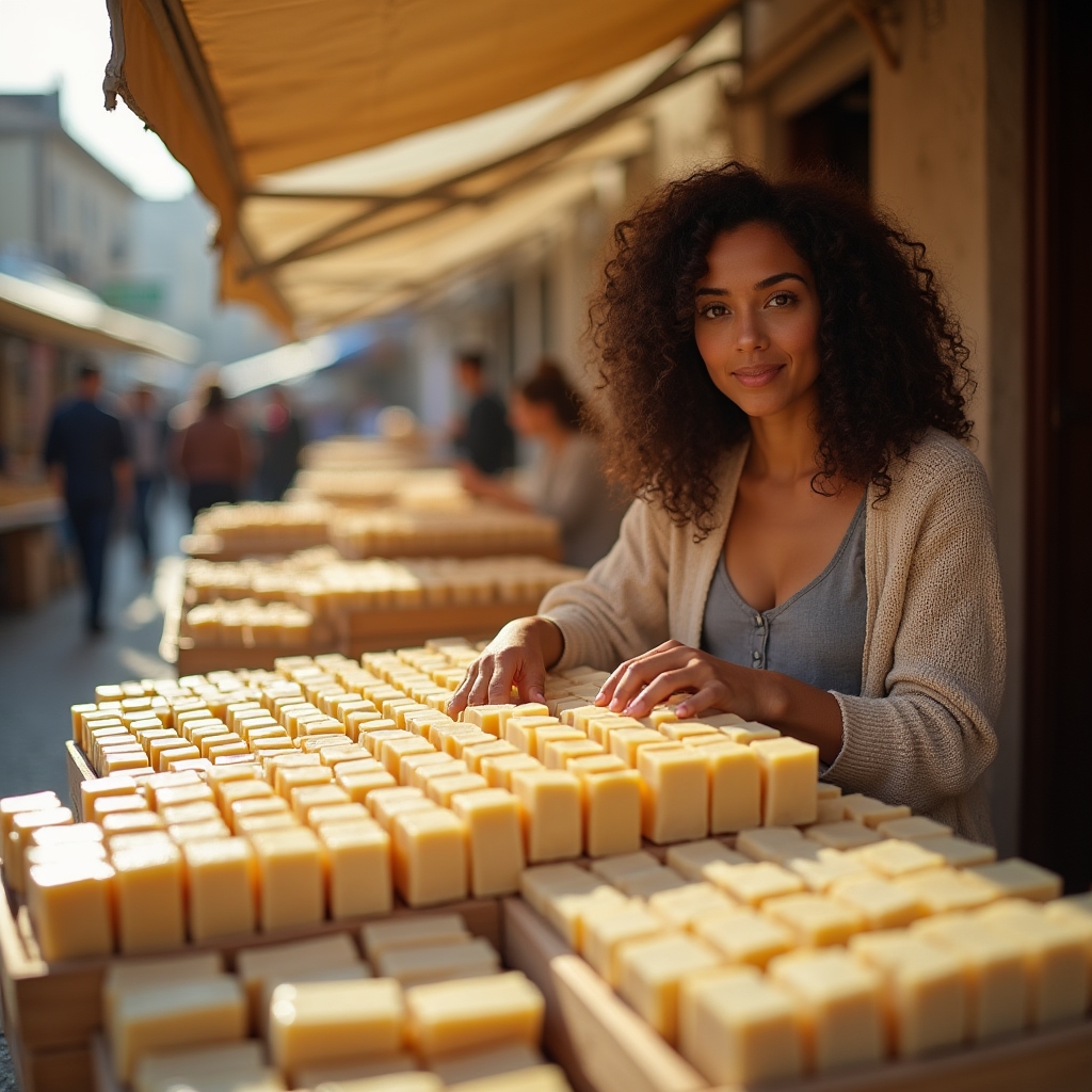 Bancarella di un mercato rionale di Bari con saponi solidi esposti